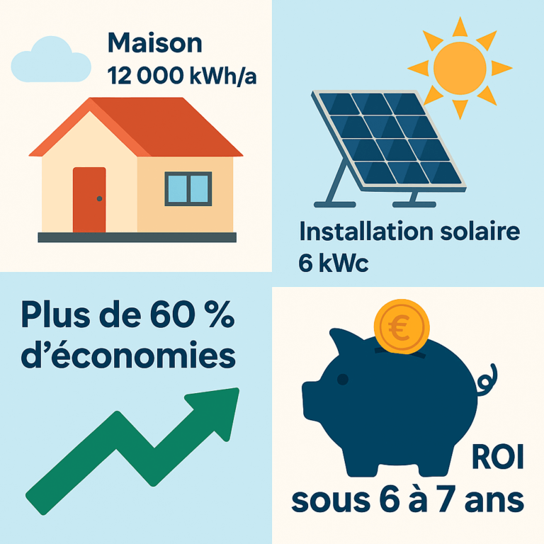 Infographie : maison de 12 000 kWh par an équipée de 6 kWc en autoconsommation
