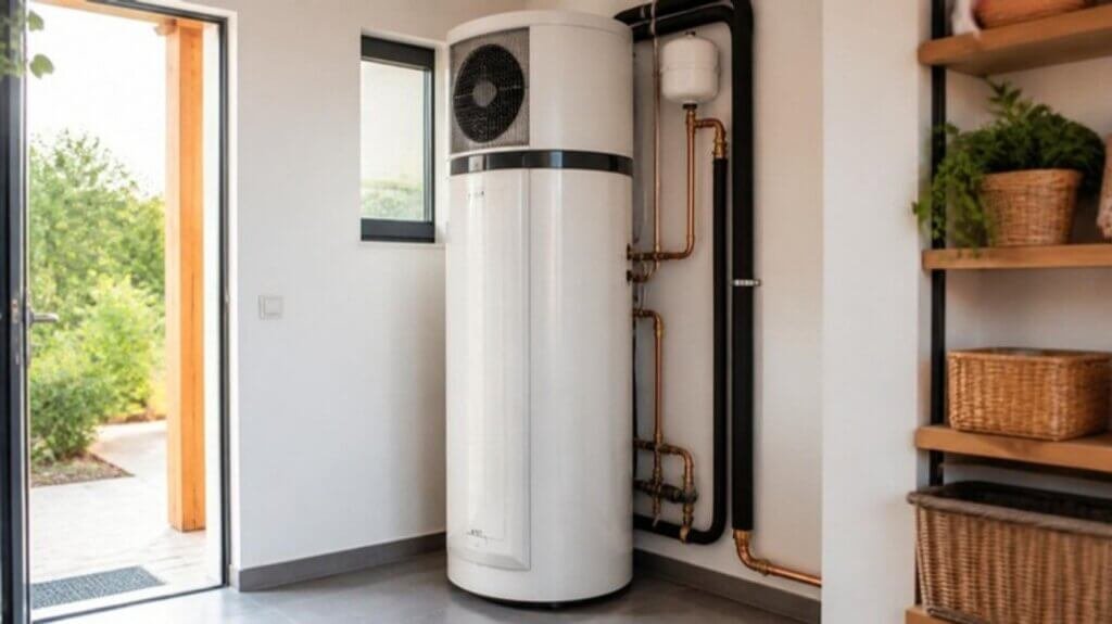 Ballon thermodynamique (chauffe-eau thermodynamique) installé dans un cellier