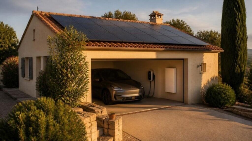 Maison avec panneaux solaires, batterie murale et voiture électrique en recharge dans le garage