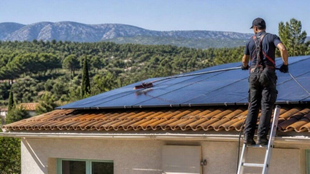Nettoyage de panneaux solaires à la perche sur un toit en tuiles