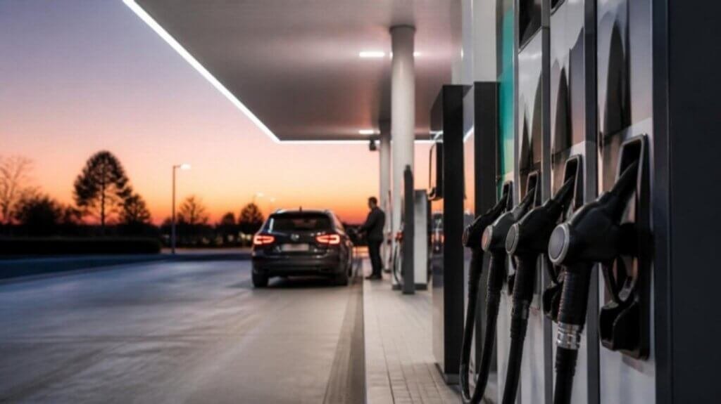 Station-service moderne en 2026 : pompes à carburant essence et gazole