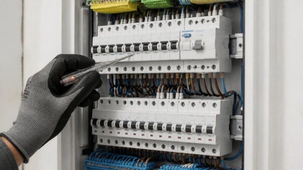 Tableau électrique neuf avec disjoncteurs modulaires contrôlé au testeur