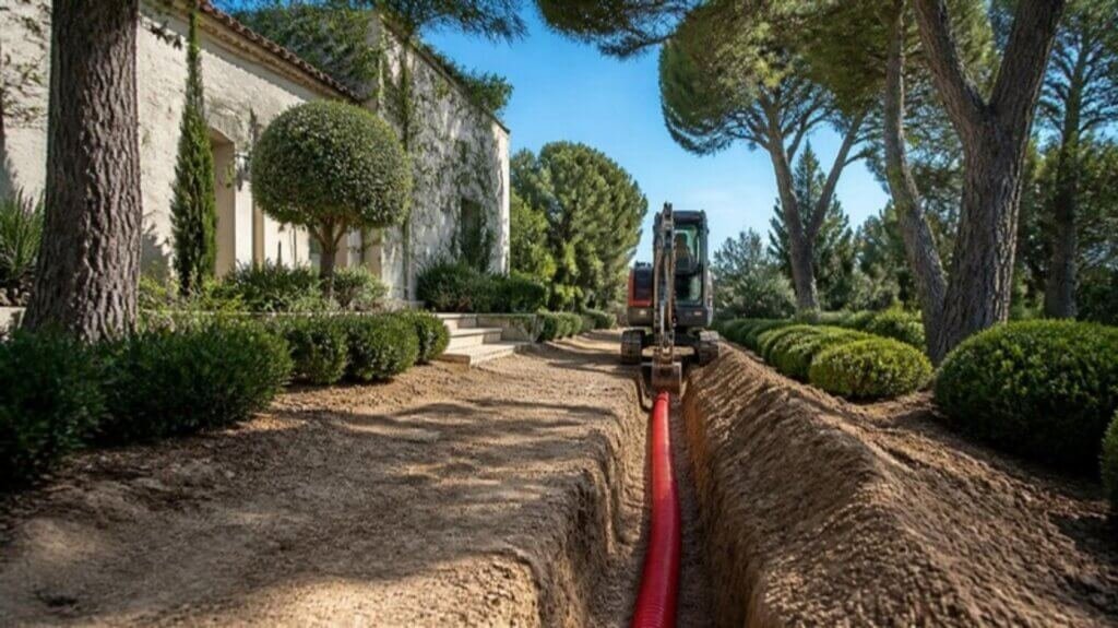 Tranchée pour gaine électrique rouge enterrée, creusée à la mini-pelle dans un jardin