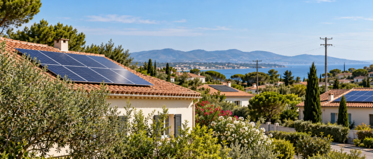 Maisons équipées de panneaux photovoltaïques dans un quartier du sud de la France relié au réseau public.