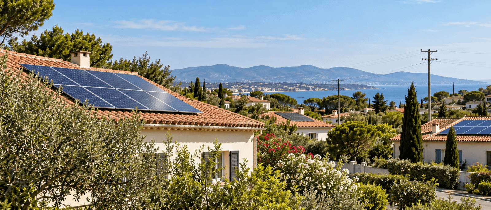 Maisons équipées de panneaux photovoltaïques dans un quartier du sud de la France relié au réseau public.