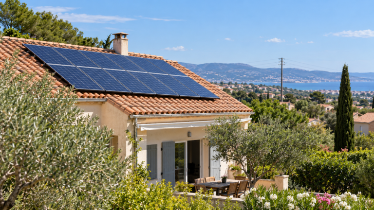 Panneaux photovoltaïques sur le toit d’une maison du sud de la France, avec le réseau électrique visible au loin.